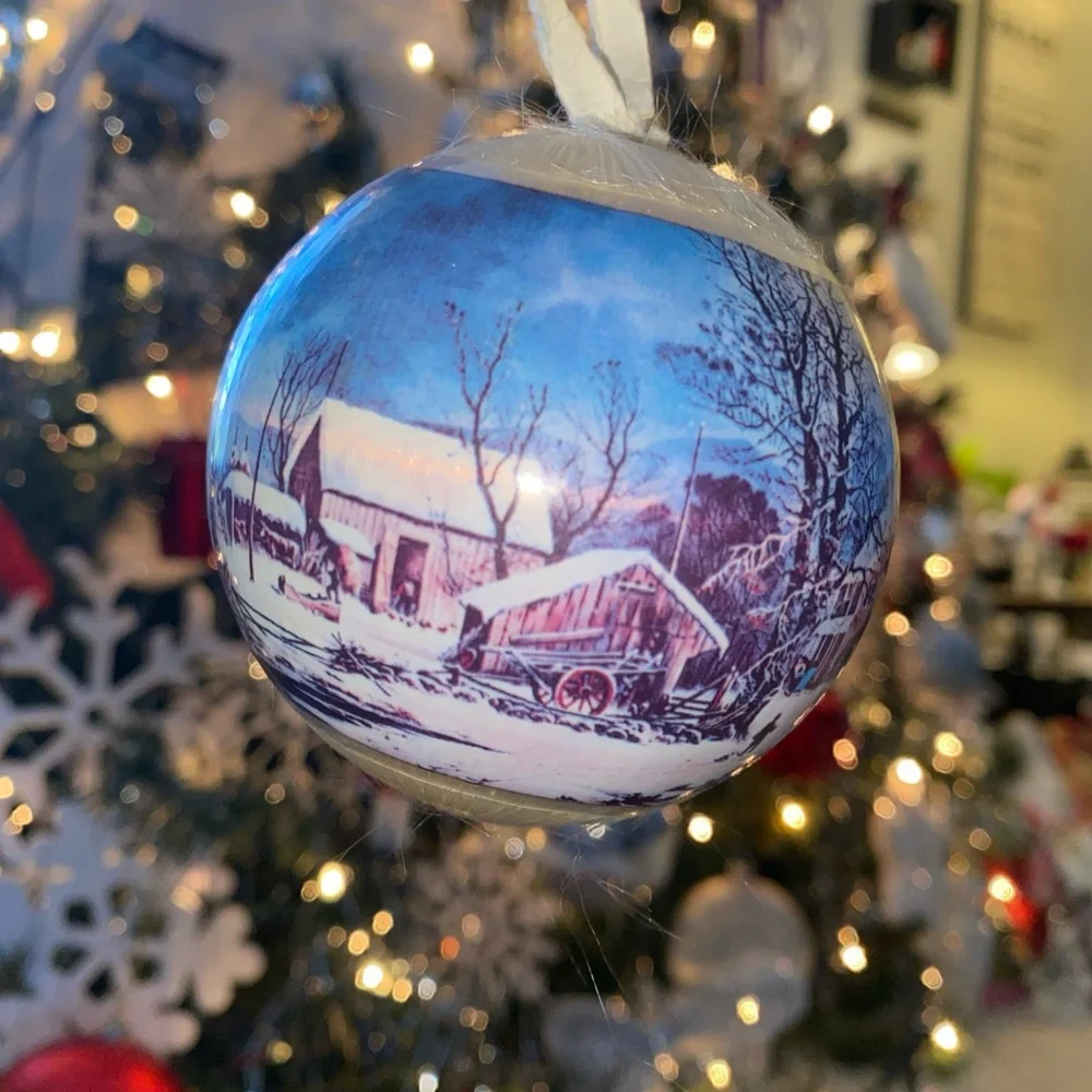 VINTAGE 1975  Christmas SATIN BALL ORNAMENT Winter In The Country Currier & Ives